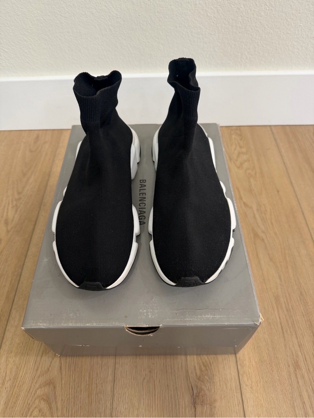 Balenciaga Black Knit High-Top Sock Sneakers with White Logo Sole - Picture 3 of 6